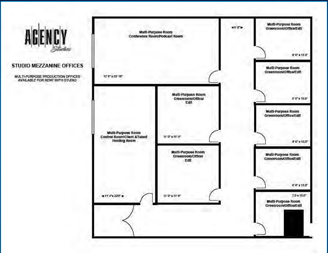 Mezzanine floor plan showing the conference and podcast room, control room, two suites, and five multi-purpose rooms