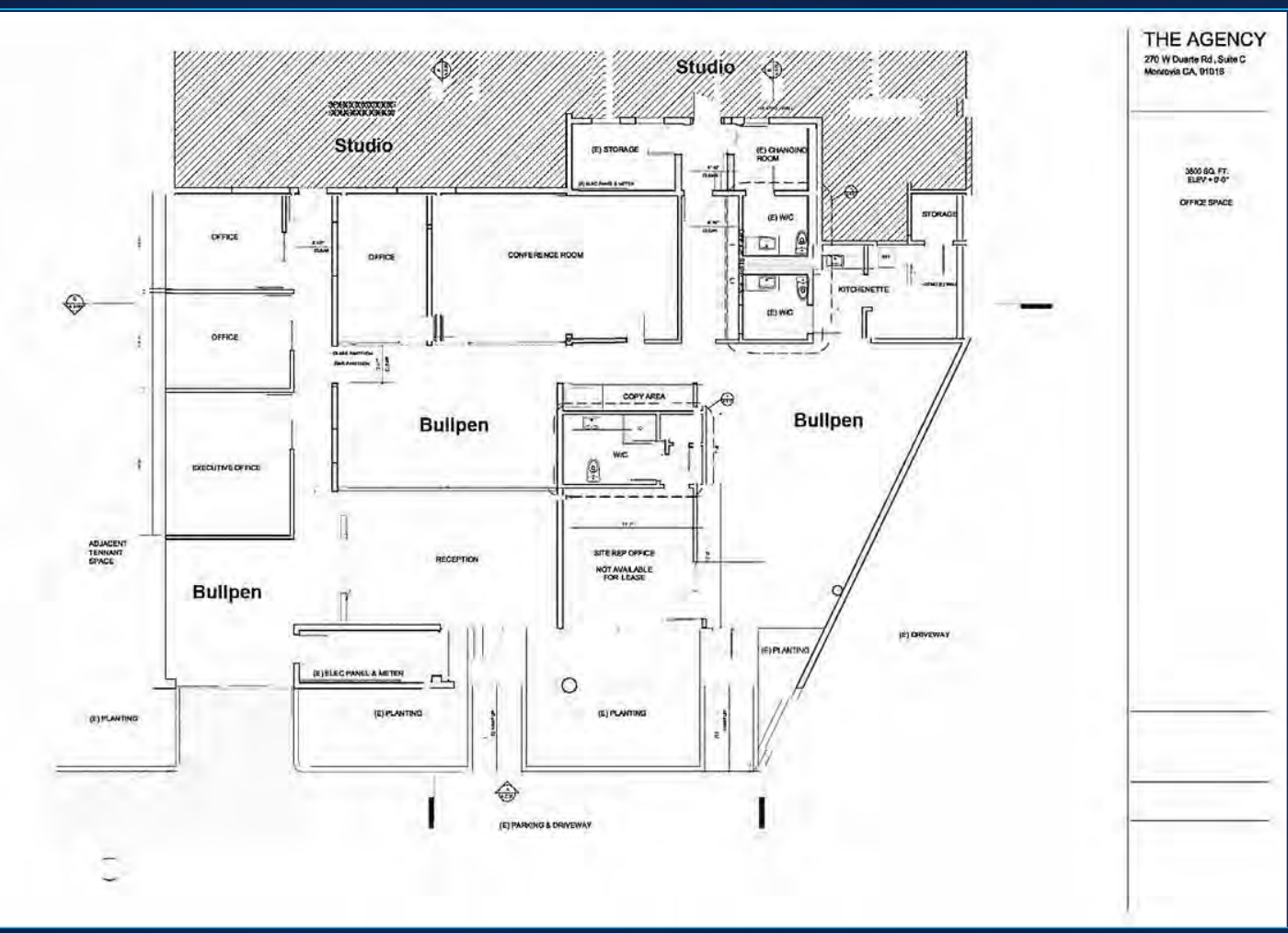 Executive offices floor plan with reception, bullpens, conference room, offices, kitchenette, and the studio beyond