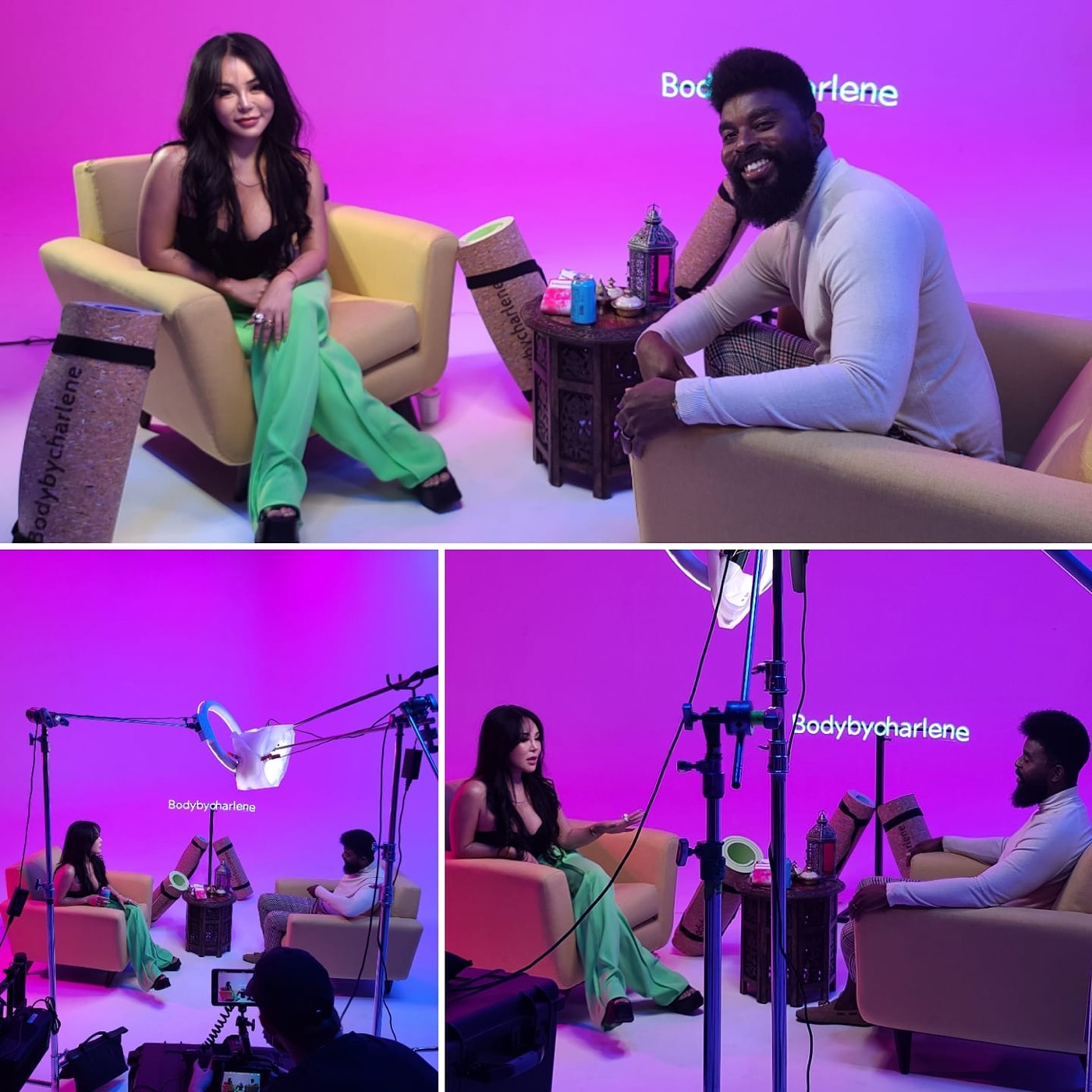 Two guests on cream armchairs on a magenta-lit podcast set